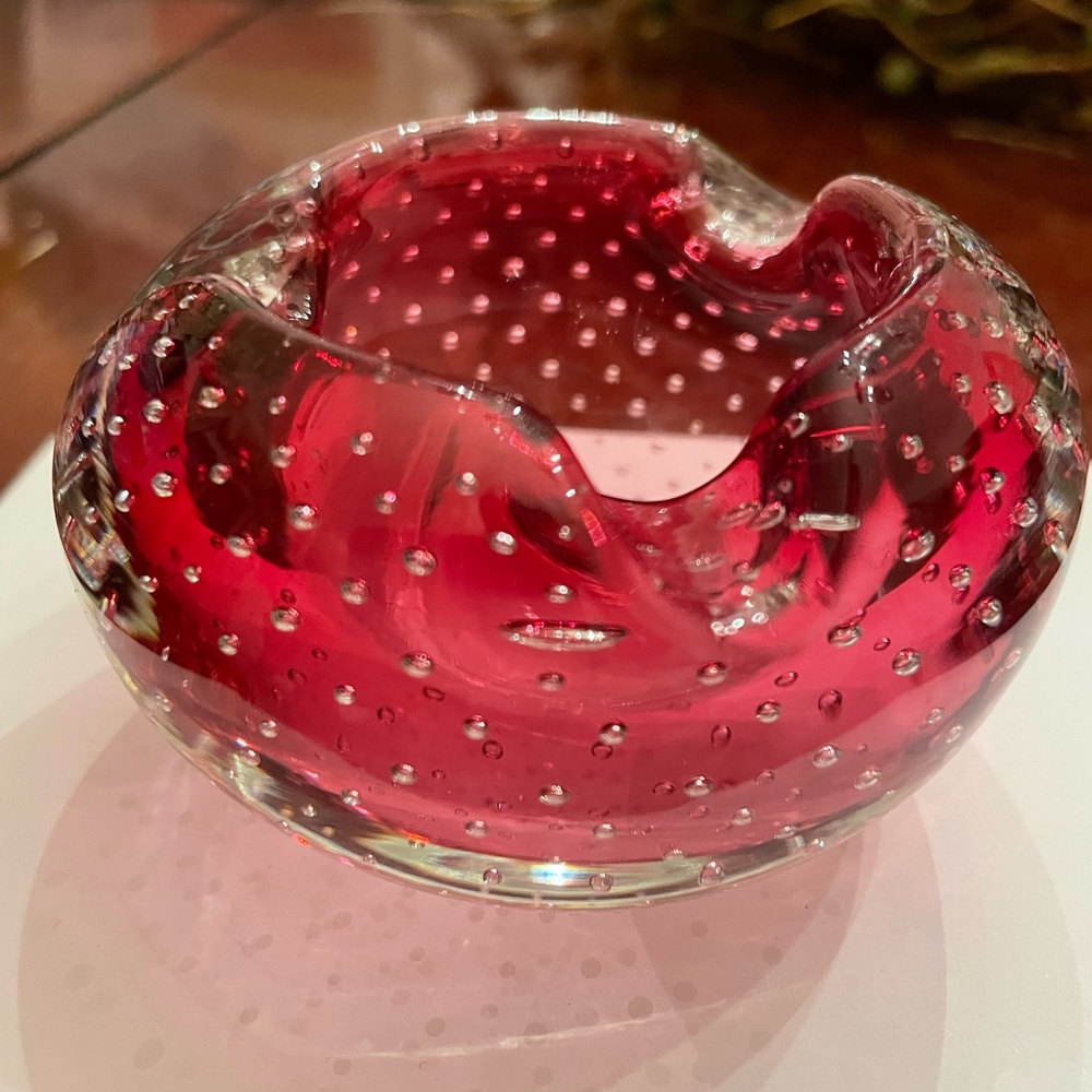 Murano Cranberry Red Bullicante Vintage Glass Ashtray - Picture 6 of 13